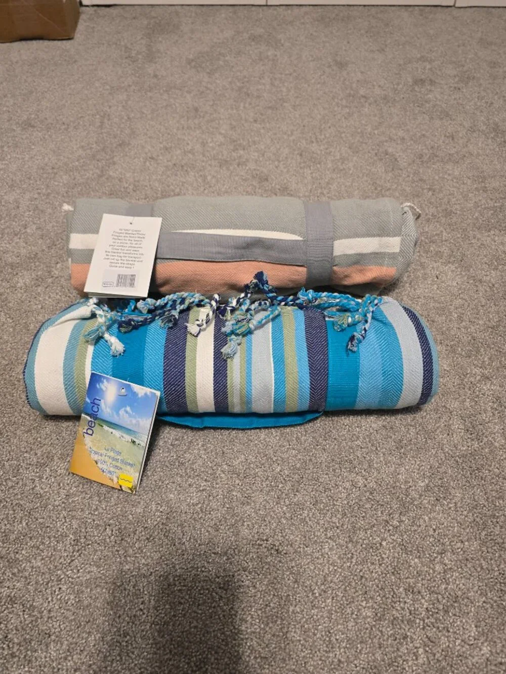 Boho Striped Fringed Cotton Throws 60x60 Pink Grey Sage Blue Set of 2 NWT